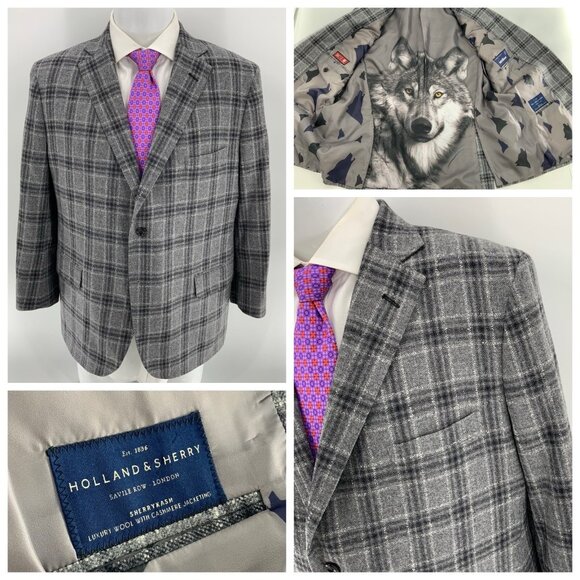 Holland & Sherry Blazer 44S Gray Plaid Wool Cashmere Func Cuffs 2B 2V YGI R4-73 - Picture 1 of 16